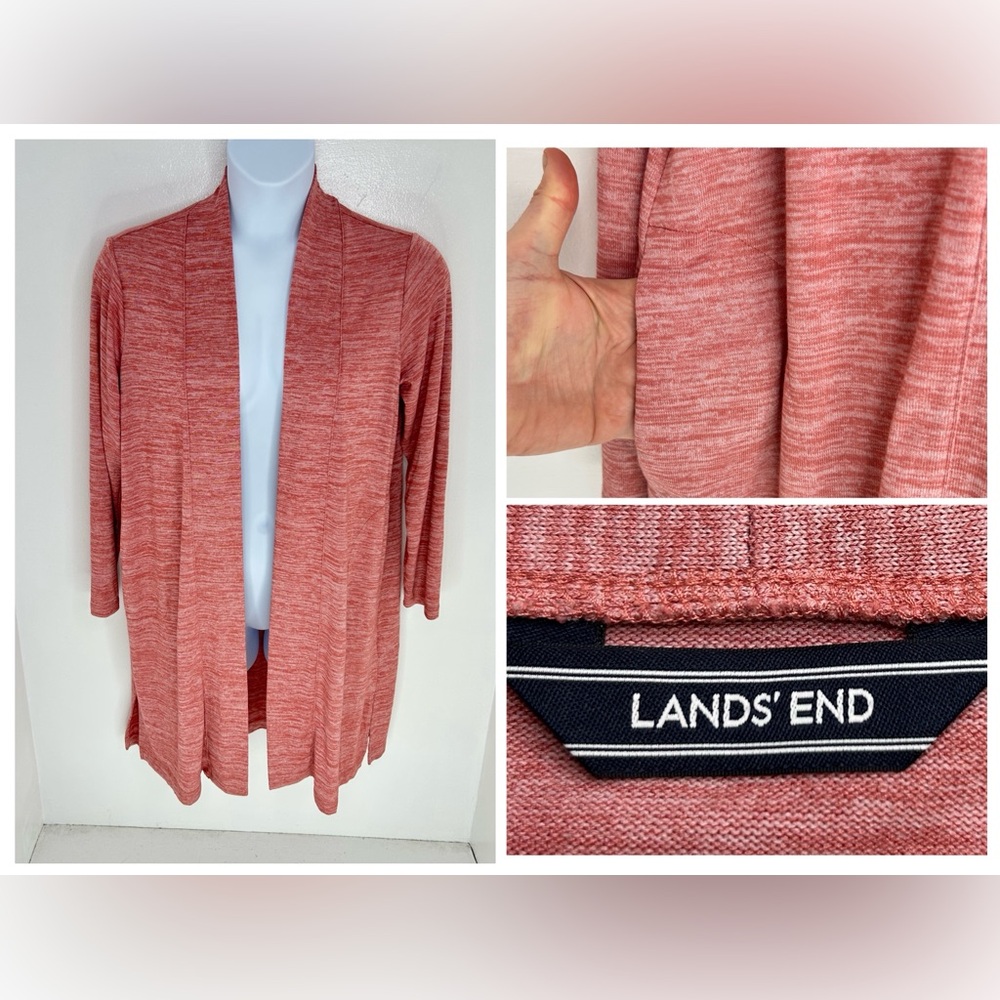 Lands End Long Open Cardigan Duster Sweater Size Large Marled Red Pockets Office
